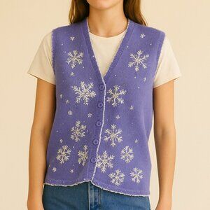 Vintage Snowflake Embroidered Beaded Knit Vest Purple Blue Holiday Size Medium